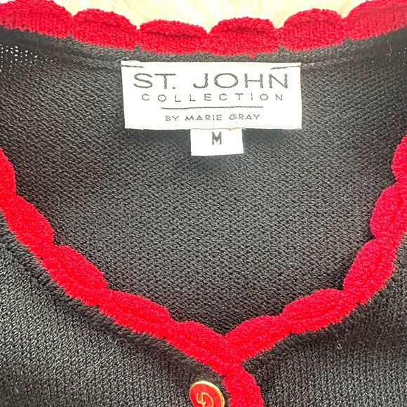 ST John Scalloped Trim Knitted Jacket Womens SZ MD Black Red Holiday - Picture 4 of 10
